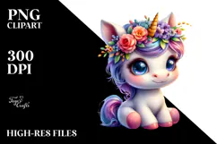 Cute Unicorn with Floral Wreath Drawing PNG Product Image 2