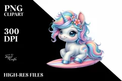 Cute Baby Unicorn with Surf | Sublimation | Clipart Product Image 1