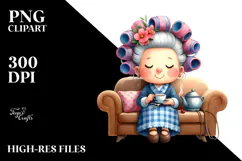 Old Lady with Hair Curlers Tea Time | Clipart Product Image 2