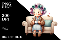 Old Lady with Hair Curlers Tea Time | Clipart Product Image 2