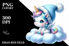 Blue Hat Baby Unicorn on Cloud | Sublimation | Clipart Product Image 1