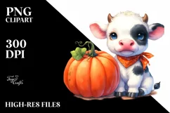 Vibrant Baby Cow with Pumpkin | Sublimation | Clipart Product Image 1