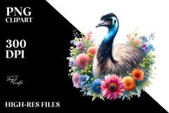 Vibrant Watercolor Emu Above Flower Clipart Product Image 3