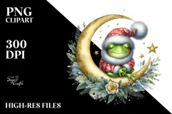 Baby Frog Sleeping on Moon Watercolor Clipart Product Image 1