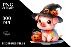 Cute Baby Pig in Halloween Costume, Watercolor PNG Product Image 2