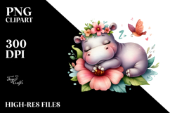 Whimsical Baby Hippo on Flower, High-Res PNG Product Image 2