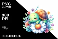 Cute Baby Turtle Smiling On Flowers Animal Clipart Product Image 1