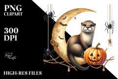 Cute Otter on Half Moon with Spiders PNG Product Image 2