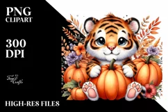 Detailed Funny Cute Baby Tiger Holding Pumpkin Clipart Product Image 3
