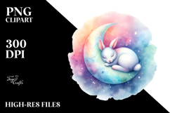 Pastel Bunny Sleeping on Moon Watercolor Clipart Product Image 2