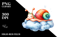 Baby Snail Sleeping on Cloud Watercolor Clipart Product Image 2