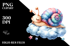 Baby Snail Sleeping on Cloud Watercolor Clipart Product Image 2