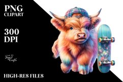 Colorful Baby Highland Cow with Skateboard, PNG Product Image 3