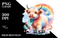 Colorful Baby Highland Cow with Skateboard, Transparent PNG Product Image 3