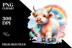 Colorful Baby Highland Cow with Skateboard, Transparent PNG Product Image 3