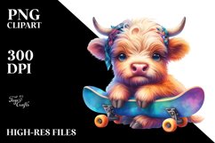 Colorful Baby Highland Cow with Skateboard, Transparent PNG Product Image 1