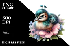 Digital Baby Peacock Sleeping on Flower PNG Product Image 2