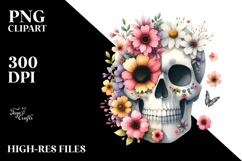 Cute Skull Half Made of Spring Flowers Watercolor Product Image 2