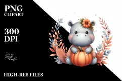 Boho Funny Cute Baby Hippo Holding Pumpkin Clipart Product Image 3