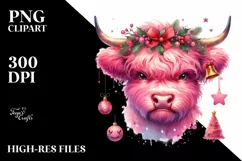 Pink Highland Cow with Christmas Decorations PNG Product Image 2
