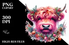 Vibrant Pink Highland Cow with Christmas Decorations PNG Product Image 2