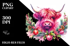 Pink Highland Cow with Christmas Decorations PNG Product Image 2