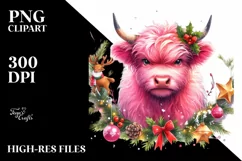 Vibrant Pink Highland Cow with Christmas Decorations PNG Product Image 2