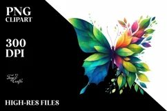 Abstract Vibrant Watercolor Butterfly with Plant Leaves, PNG Product Image 1