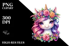 Cute Unicorn with Floral Wreath PNG Product Image 2
