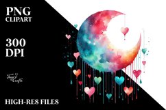 Very Simple Watercolor Moon with Hearts PNG Product Image 2