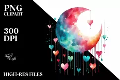 Very Simple Watercolor Moon with Hearts PNG Product Image 2