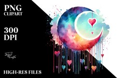 Very Simple Watercolor Moon with Hearts PNG Product Image 2