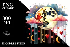 Very Simple Watercolor Moon with Hearts PNG Product Image 2