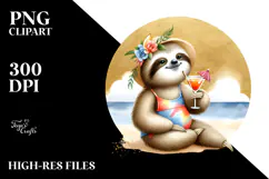 Cute Sloth in Beachwear Drinking Cocktail Watercolor PNG Product Image 2
