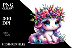 Sitting Baby Unicorn with Floral Wreath PNG Product Image 2