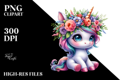 Sitting Baby Unicorn with Floral Wreath PNG Product Image 2