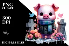 Vibrant Baby Pig with Grave Drawing | Sublimation Clipart Product Image 1
