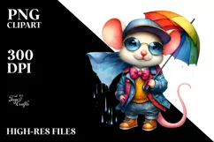 Funny Baby Mouse with Raincoat and Umbrella PNG Product Image 1