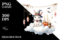Watercolor Bunny Dressed for Halloween Sitting on Cloud PNG Product Image 2