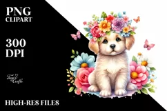 colorful Puppy with Flower Crown Watercolor Illustration | Product Image 1