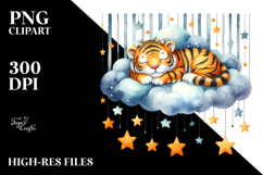 Vibrant Watercolor Tiger Sleeping on Cloud with Hanging Product Image 2