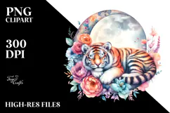 Vibrant Watercolor Pastel Tiger Sleeping on Moon with Product Image 2