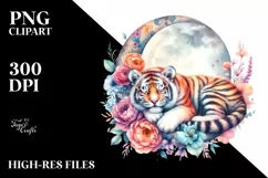 Vibrant Watercolor Pastel Tiger Sleeping on Moon with Product Image 1