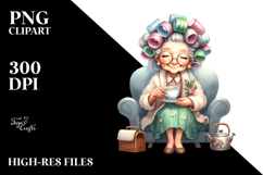 Watercolor Old Lady Sitting On Couch Tea Cup Hair Curlers Product Image 2
