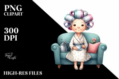 Watercolor Old Lady Sitting On Couch Tea Cup Hair Curlers Product Image 3