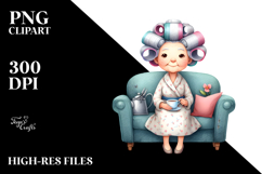 Watercolor Old Lady Sitting On Couch Tea Cup Hair Curlers Product Image 2