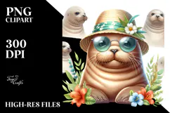 Energetic Walrus with Hat and Sunglasses PNG Product Image 2