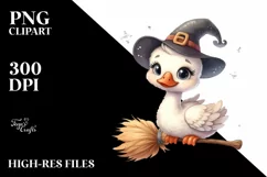 Cute Swan on Witch Broom Watercolor Clipart Product Image 3