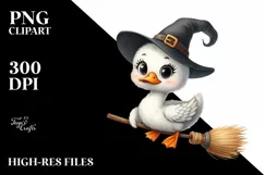 Cute Swan on Witch Broom Watercolor Clipart Product Image 3