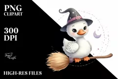 Cute Swan on Witch Broom Watercolor Clipart Product Image 3